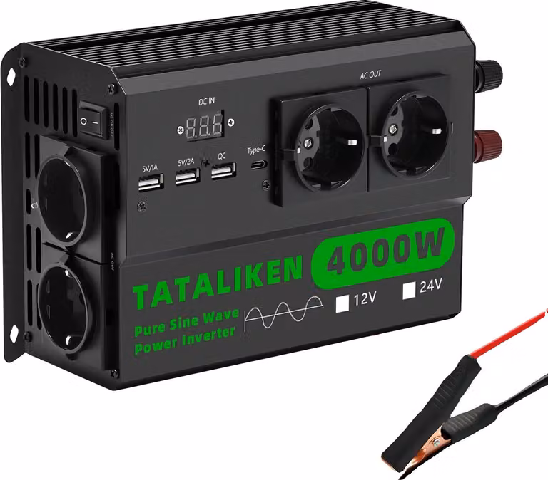 Inverter, 4 prese, spina EU, DC 24V a AC 220V, 24V 4000W 220V, colore nero