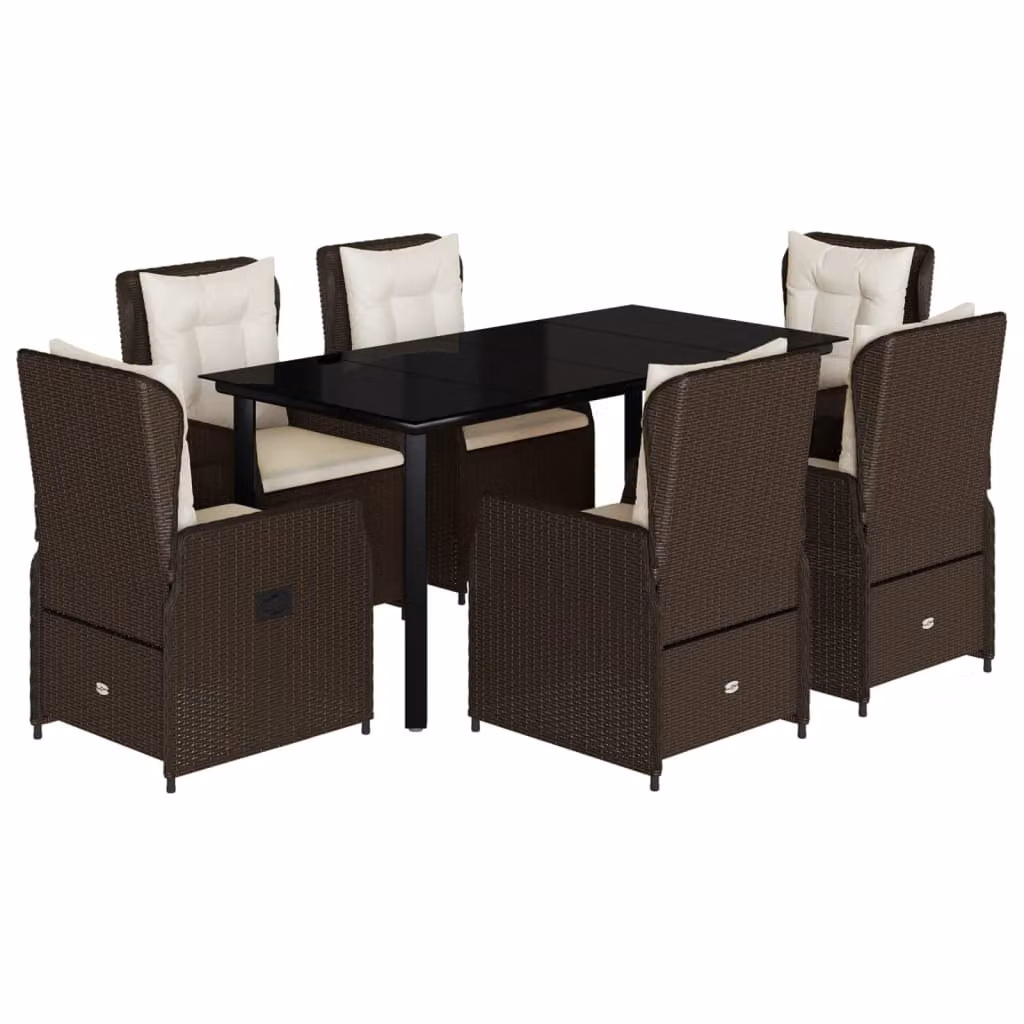 Set da Pranzo da Giardino 7pz con Cuscini in Polyrattan Marrone