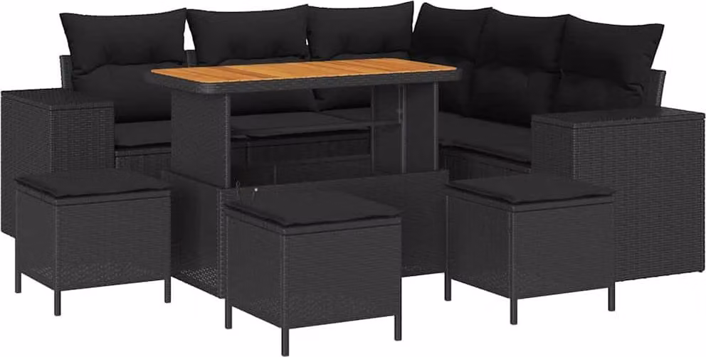 Set Divano da Giardino con cuscino 9 pcs Nero polyrattan