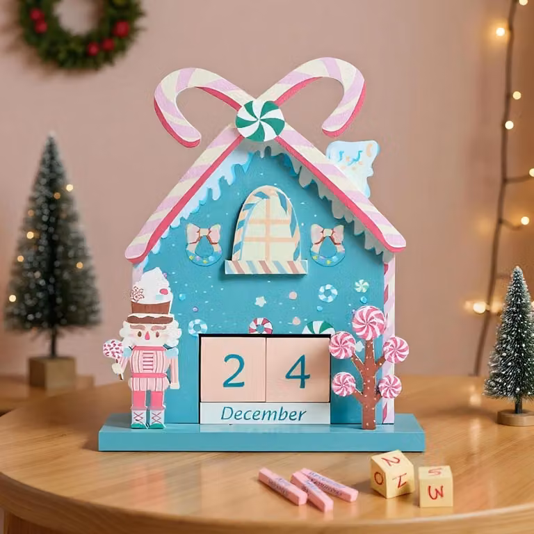 Calendario dell'Avvento, decorazione natalizia, forma a casa, legno, riutilizzabile, decorazione da tavolo, 18 cm