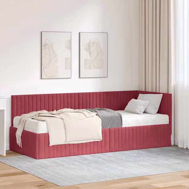 Letto angolare moderno vidaXL in legno e tessuto velluto rosso con 2 materassi 80x200 cm