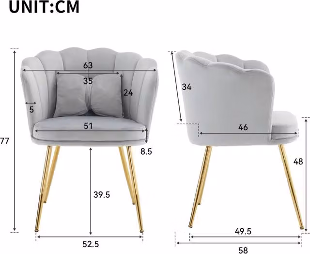 Poltroncina imbottita in velluto grigio con schienale a petalo e gambe in metallo dorato