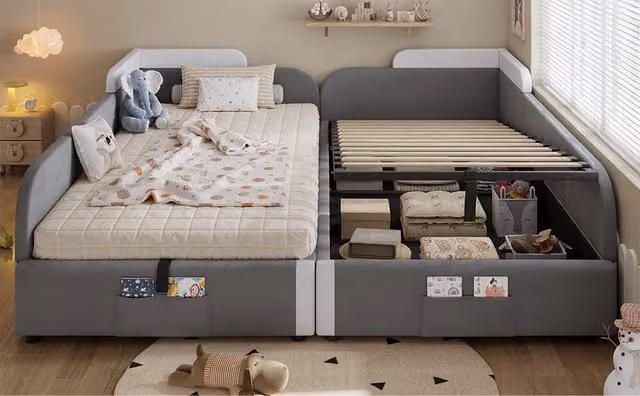 Letto contenitore per bambini in velluto grigio e bianco; apertura idraulica e sponde imbottite; 2 materassi 90x200 cm