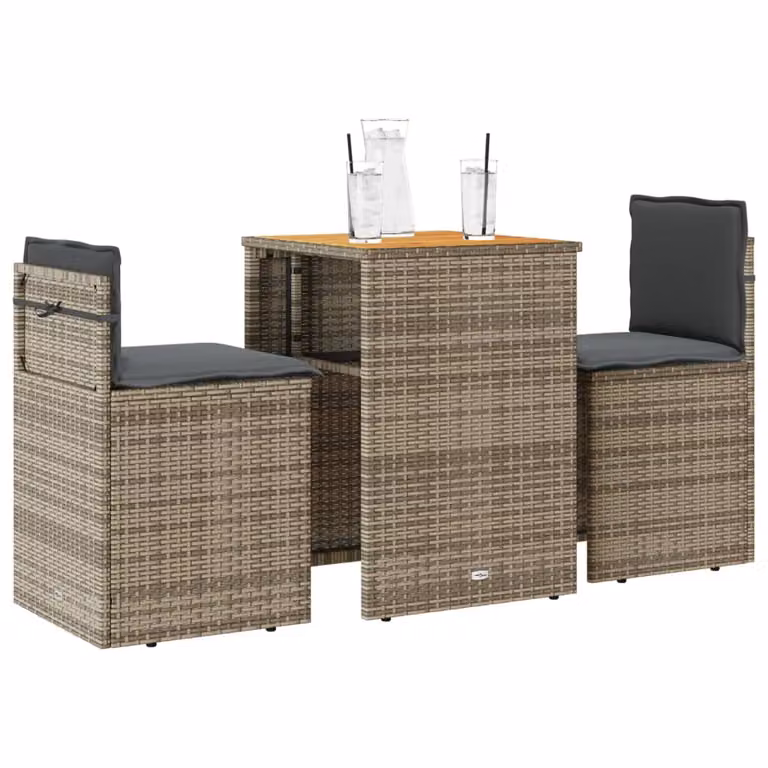 Set da Bistrò vidaXL 3 pz in Polyrattan e Legno di Acacia con Cuscini Grigio e Marrone per Giardino e Terrazzo