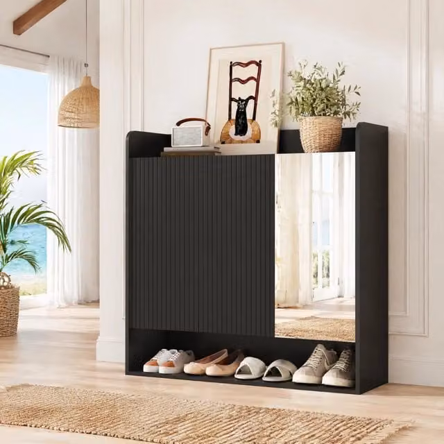 Scarpiera con specchio a figura intera e ripiani regolabili in MDF e pannello truciolare nera 110 × 35.5 × 110 cm