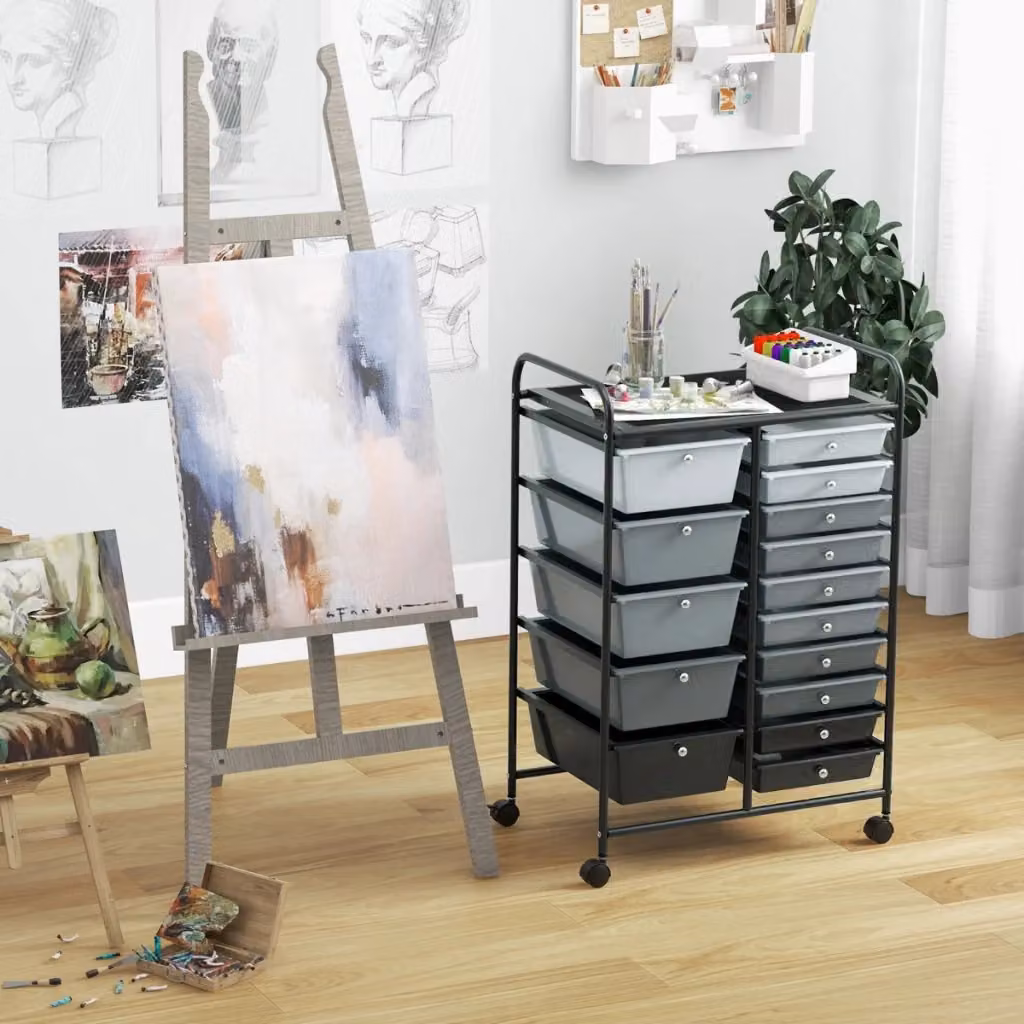 Carrello multiuso con 15 cassetti estraibili e ruote con freno Grigio Matt – 2