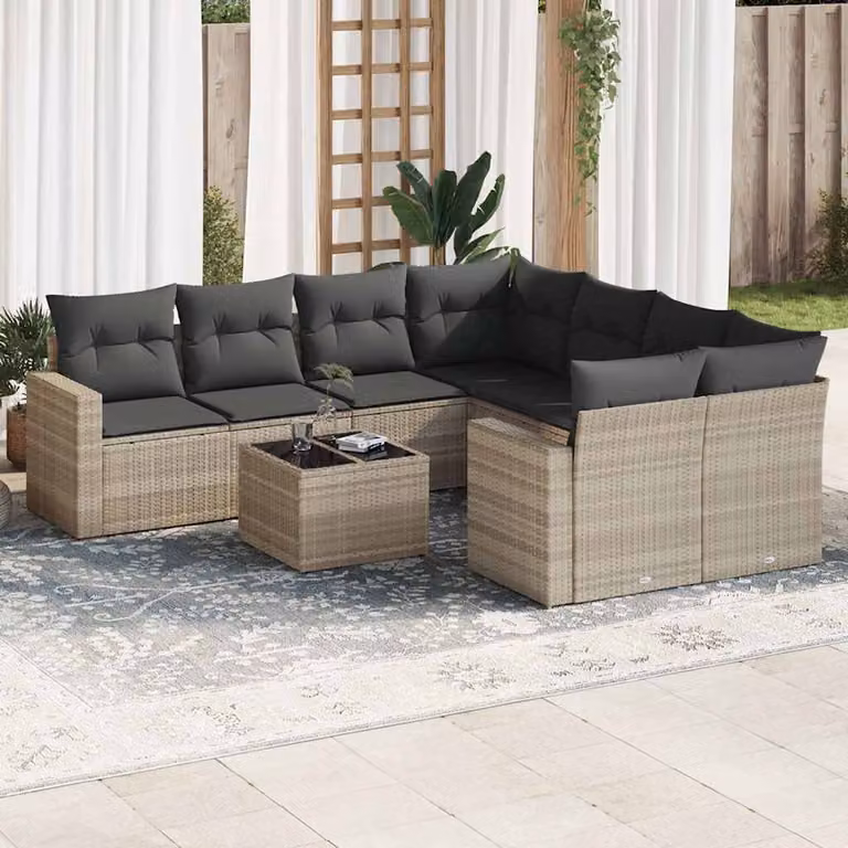 vidaXL Set Divano da Giardino a L in Polyrattan Grigio con Cuscini e Tavolino da Esterno