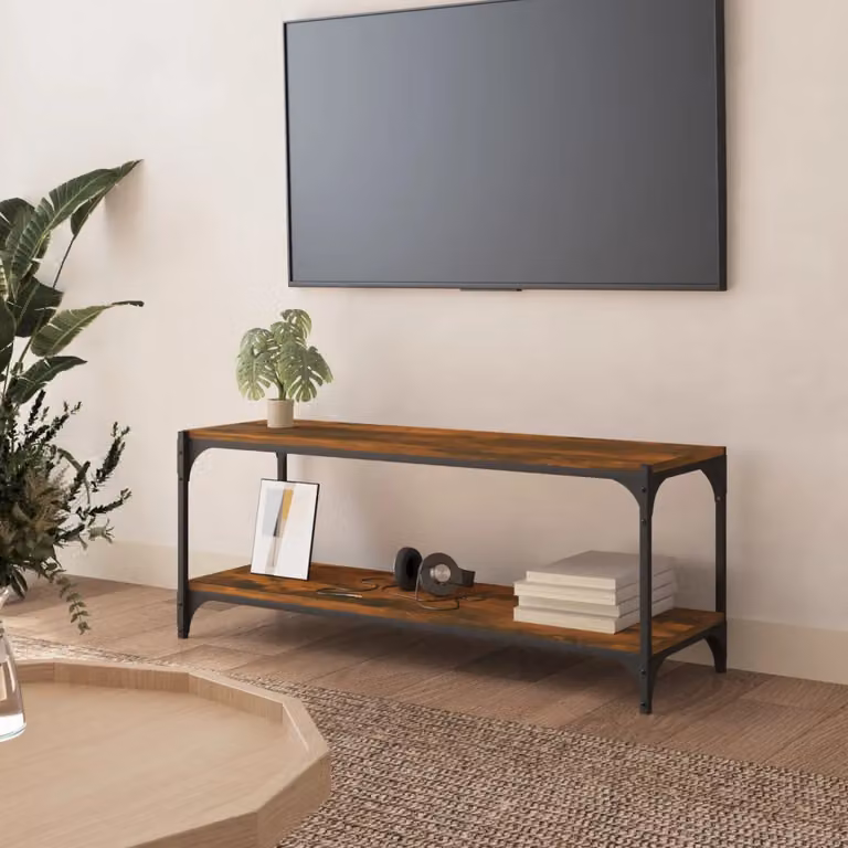 Mobile TV vidaXL in stile industriale in legno rovere fumo e acciaio, L 100 cm x P 33 cm x H 41 cm