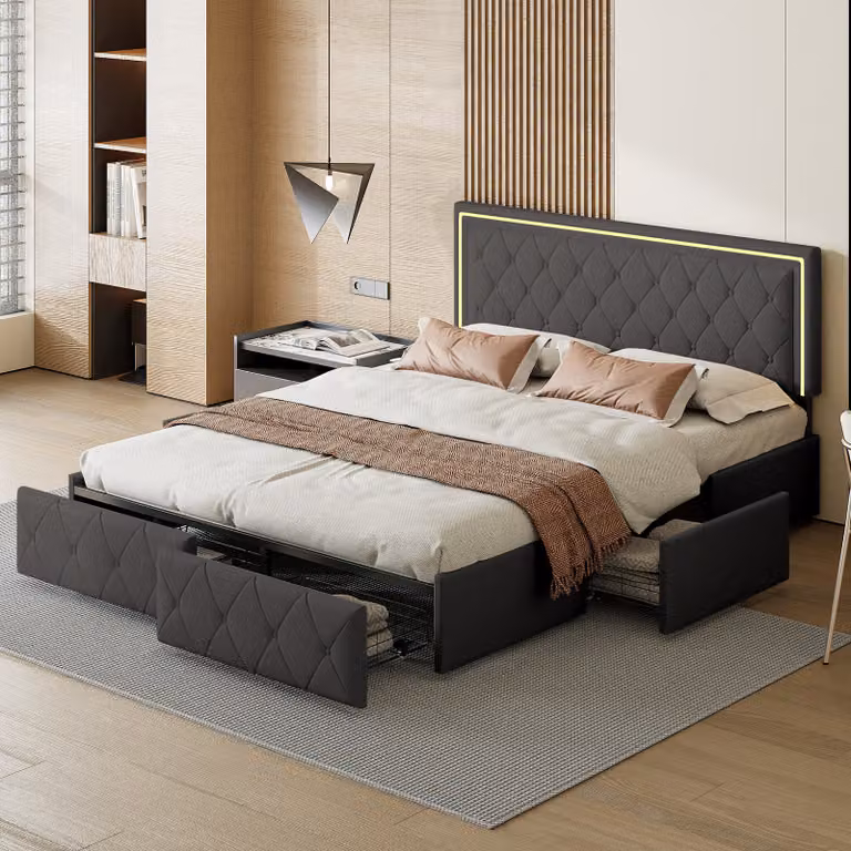 CDGlobal Letto imbottito 140x200cm con LED, letto matrimoniale con rete a doghe e 4 cassetti, letto a molle insacchettate con contenitore, struttura letto in legno letto contenitore per giovani, PU, grigio