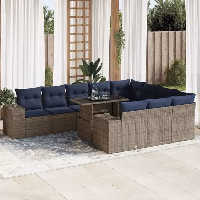 Set di Divani da Giardino vidaXL in Polyrattan e Acacia con 11 Pezzi, Colore Grigio e Blu con Cuscini e Tavolino da Esterno – 1