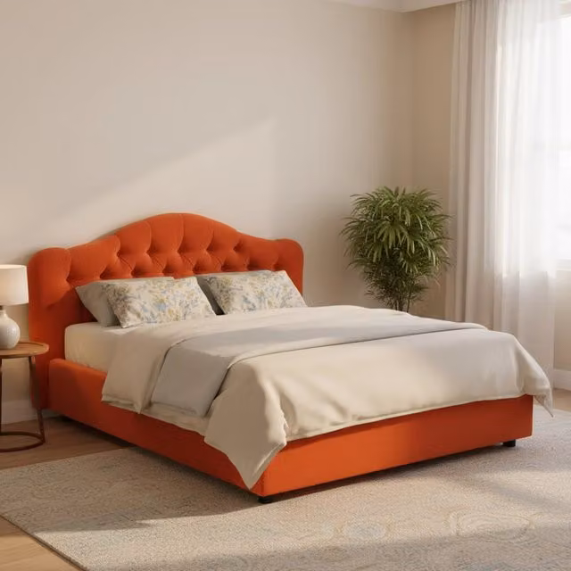 Letto Matrimoniale Aly DMORA con Base a Sollevamento, Rivestimento in Tessuto Arancione e Nero, L/P: 160 x 200 cm