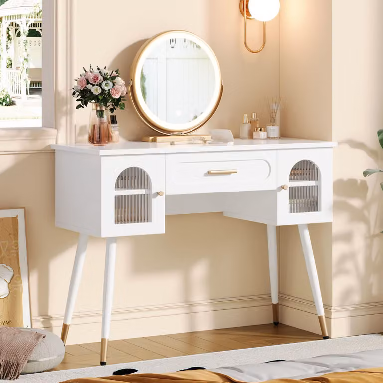 Comò da trucco con specchio, specchio da trucco con rivestimento in pelle, comò da trucco con cassetti e pensili laterali, tavolino da trucco 100x42x112 cm, bianco
