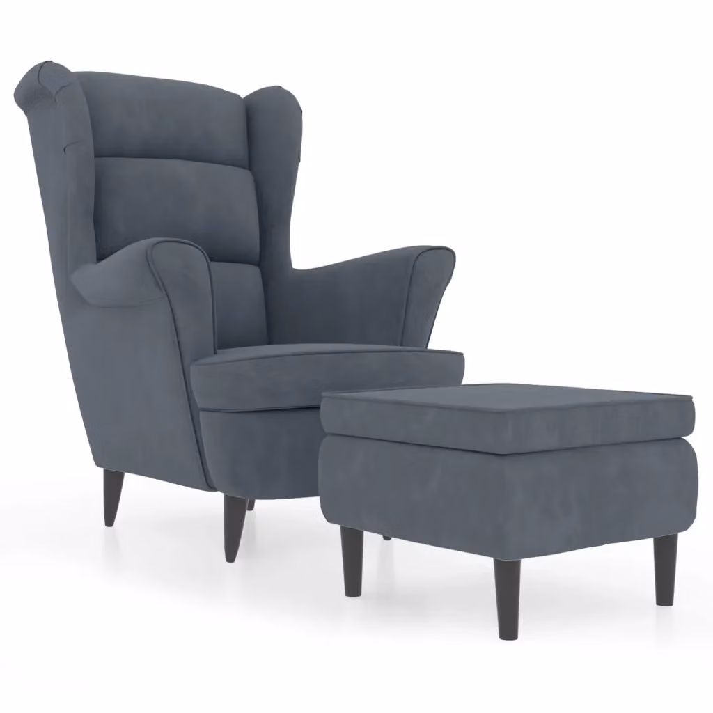 vidaXL Poltrona Schienale ad Ala con Poggiapiedi in Velluto Grigio con Struttura in Legno L: 96,5 cm, P: 78,0 cm, H: 90,0 cm – 2