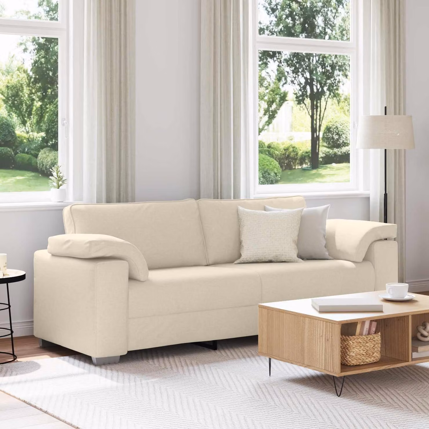 Divano 3 posti vidaXL beige in tessuto con design minimalista per soggiorno L: 220 cm, P: 82 cm, H: 77 cm