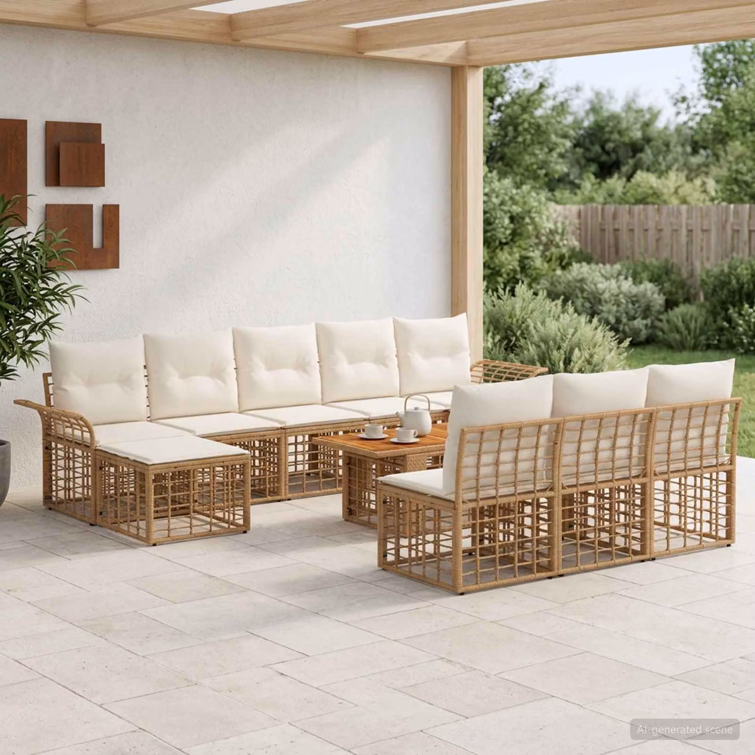 Set Divano da Giardino vidaXL 11 pz in Polyrattan con Cuscini, Tavolino e Ottoman, Colore Naturale e Bianco Crema