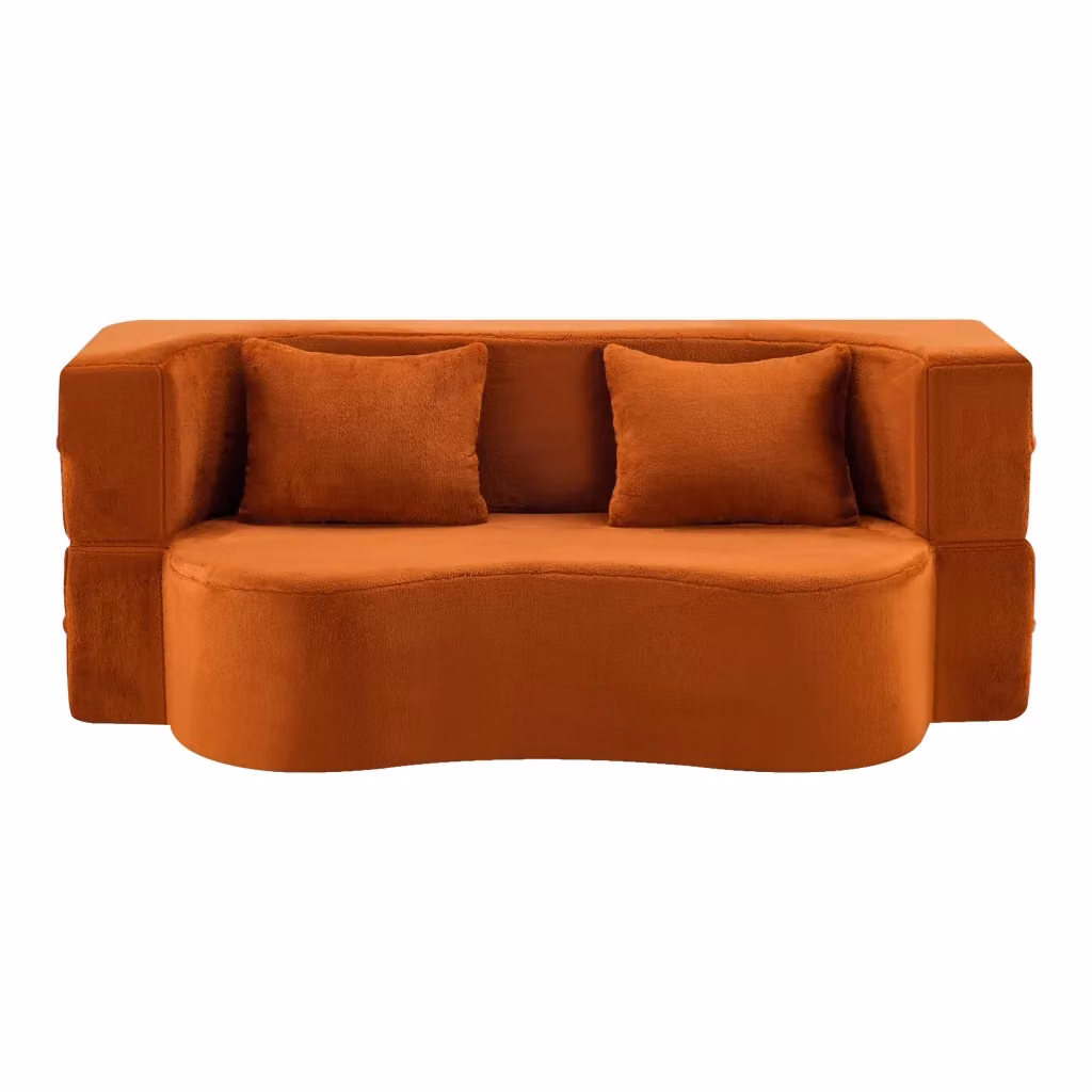 Divano letto pieghevole a 2 posti in schiuma e peluche arancione con 2 cuscini per soggiorno e camera da letto L: 123 cm, P: 34 cm, H: 34 cm – 2