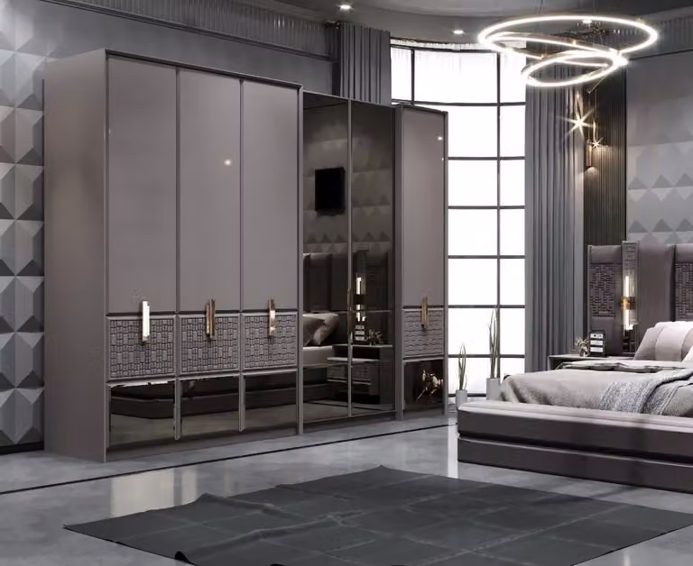 Armadio moderno in un elegante colore grigio con specchio e frontale testurizzato