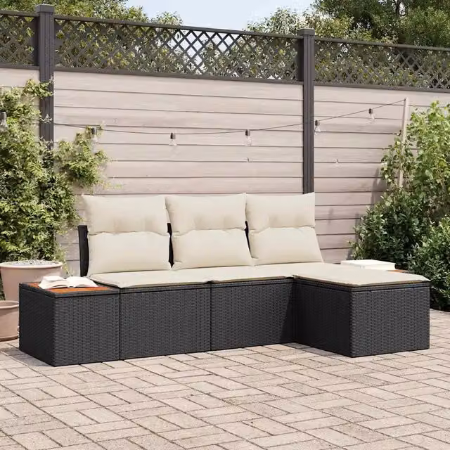 Set Divano da Giardino con cuscino 4 pz-Sofa da Giardino-Divanetto da esterno Nero e Crema 770334