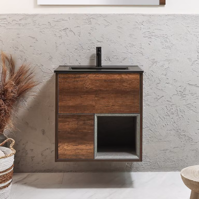Mobile Bagno Sospeso con Ripiano Aperto in Rovere Scuro da 612mm con Lavabo Color Grafite - Hoxton