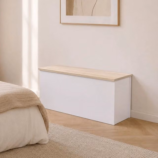 Baule Ayusnay DMORA, Cassapanca moderna multiuso in MDF, Bianco e Rovere, L: 90 cm, P: 45 cm, H: 45 cm