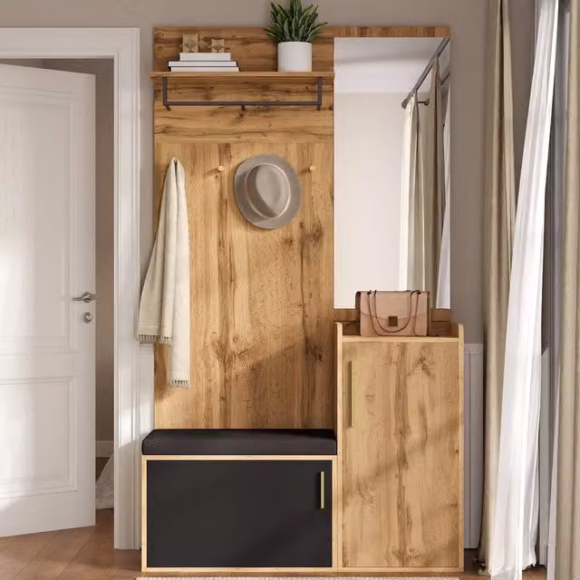 Set armadio ingresso salvaspazio Minimal con specchio e mensole, finitura rovere bianco, L 90 cm x P 35 cm x H 180 cm – 1