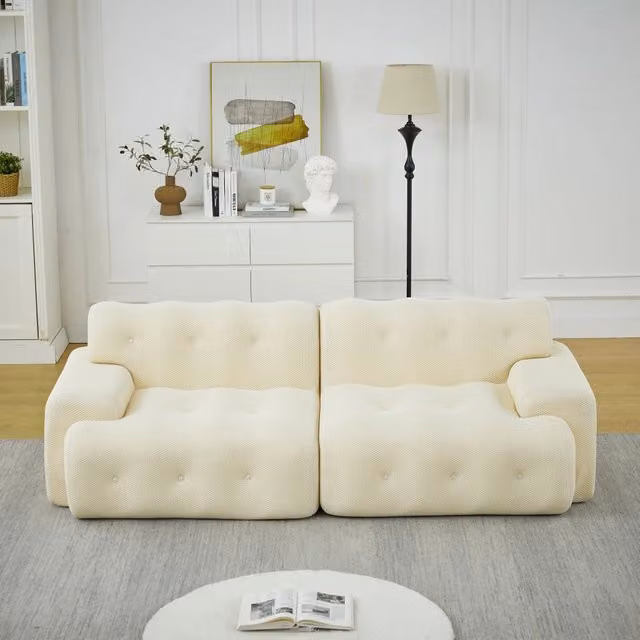 Divano a 2 posti in tessuto traspirante con braccioli larghi e supporto ergonomico beige 224 × 104 × 66 cm