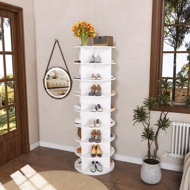 Scarpiera a torre girevole 360 gradi MINIMAL con 8 ripiani per 32 paia di scarpe, Bianco opaco