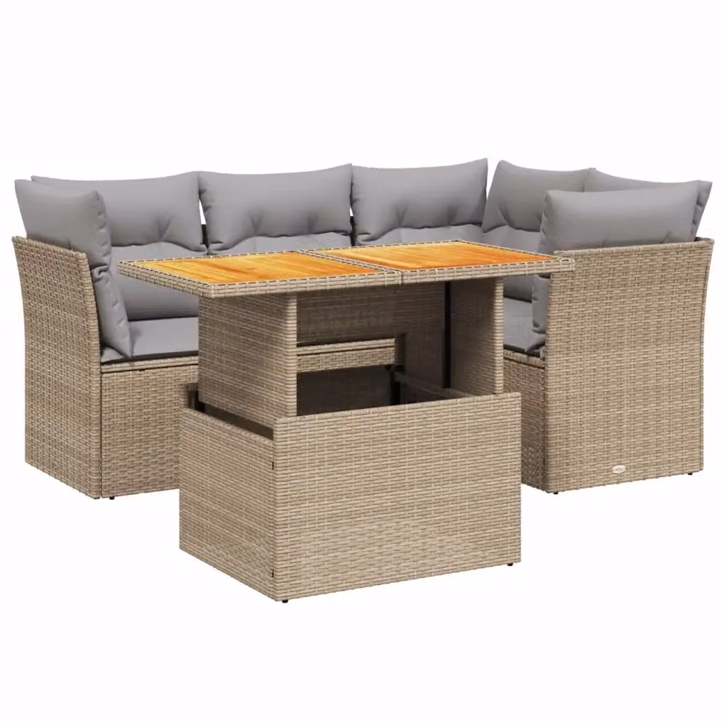 vidaXL Set Divano da Giardino 5 pz a L con Cuscini Beige e Tavolino in Polyrattan e Legno di Acacia – 2
