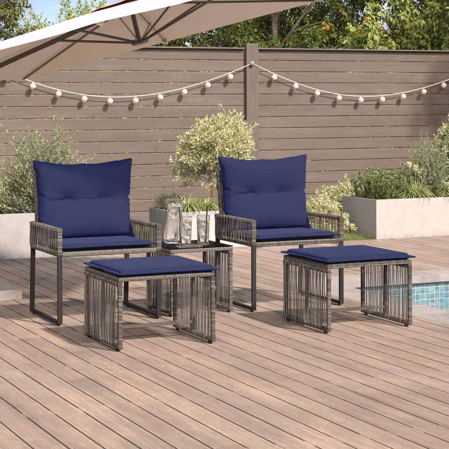 Set di mobili da esterno vidaXL in polyrattan da 11 pezzi, colore grigio e blu navy