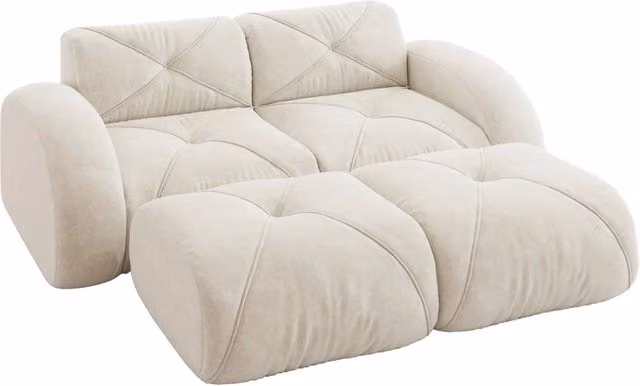 Divano modulare a 2 posti senza struttura con 2 pouf, rivestito in tessuto chenille beige chiaro