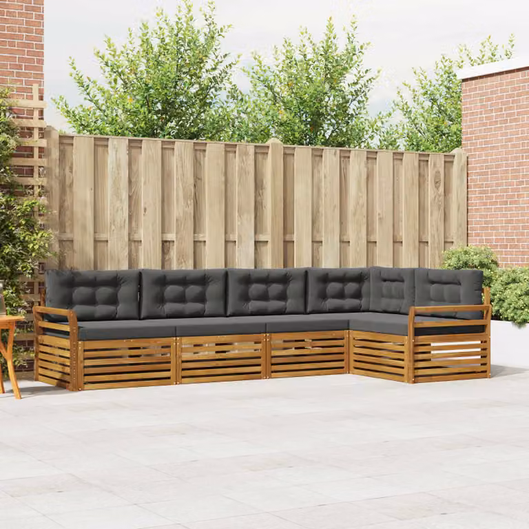 vidaXL Set di divani da esterno a L in legno di acacia, 5 pezzi, Beige, Antracite e Marrone