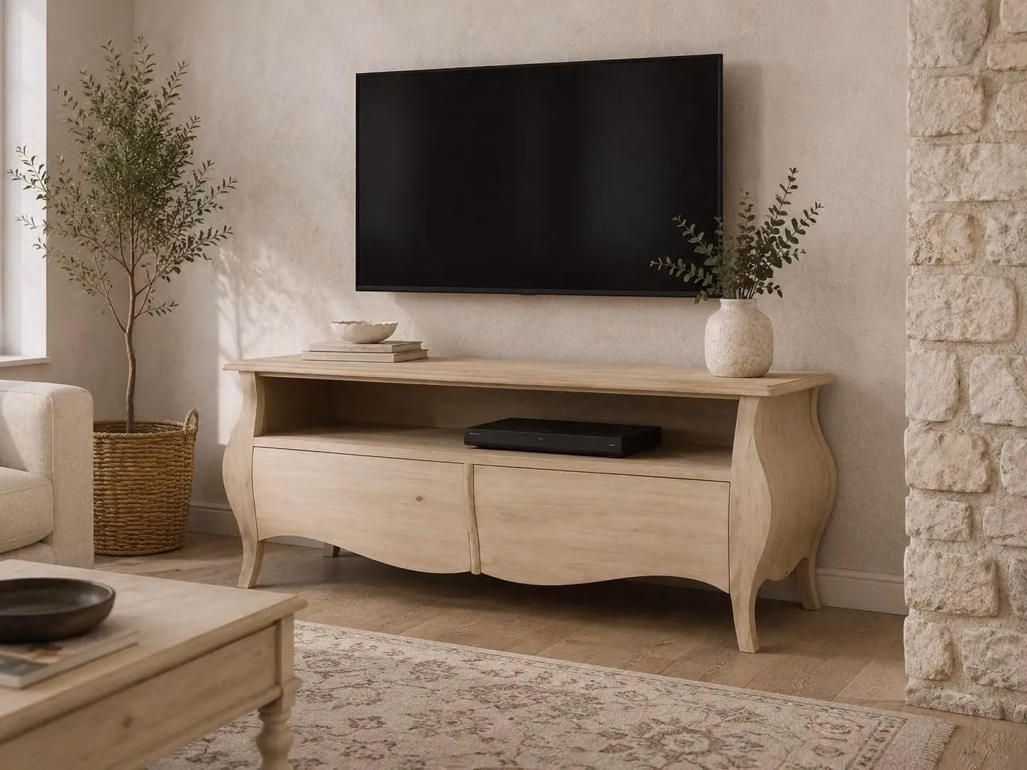Porta TV classico in legno bombato con 2 cassetti Mobili 2G L/P/H: 141 x 45 x 62 cm – 2