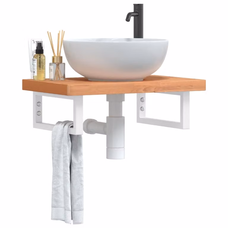 vidaXL Ripiano da parete per lavabo in legno di faggio e metallo bianco, L: 60 cm, P: 40 cm, H: 19 cm