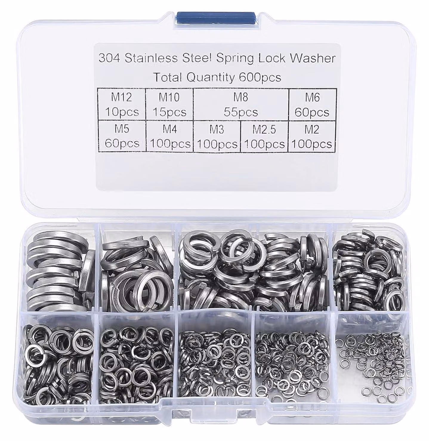 Federringe in acciaio inossidabile V2A, conformi alla norma DIN 127, forma B, da M2 a M12, confezione da 600 pezzi, colore argento