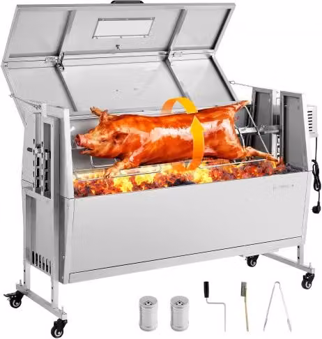 VEVOR Girarrosto a Carbone con Coperchio in Acciaio Inox Color Argento per Maiale e Agnello, Kit a Spiedo con Altezza Regolabile a 4 Livelli per Cottura all'Aperto