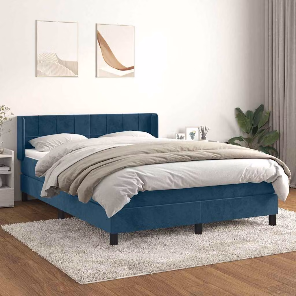 vidaXL Giroletto a Molle con Materasso Ibrido in Velluto Blu Scuro e Bianco, L/P/H: 193 x 147 x 88 cm – 1