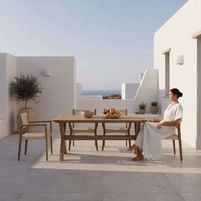 Set tavolo rettangolare Banak Jade-tina in legno di acacia con 4 sedie beige per giardino e terrazzo L: 160 cm, P: 90 cm