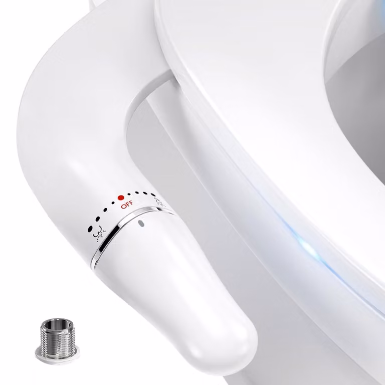 Supporto ultra-sottile per bidet da installare sul water, dotato di due getti