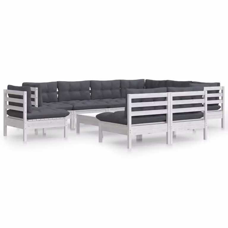 Set Divani da Giardino 10 pz con Cuscini Bianchi Legno di Pino