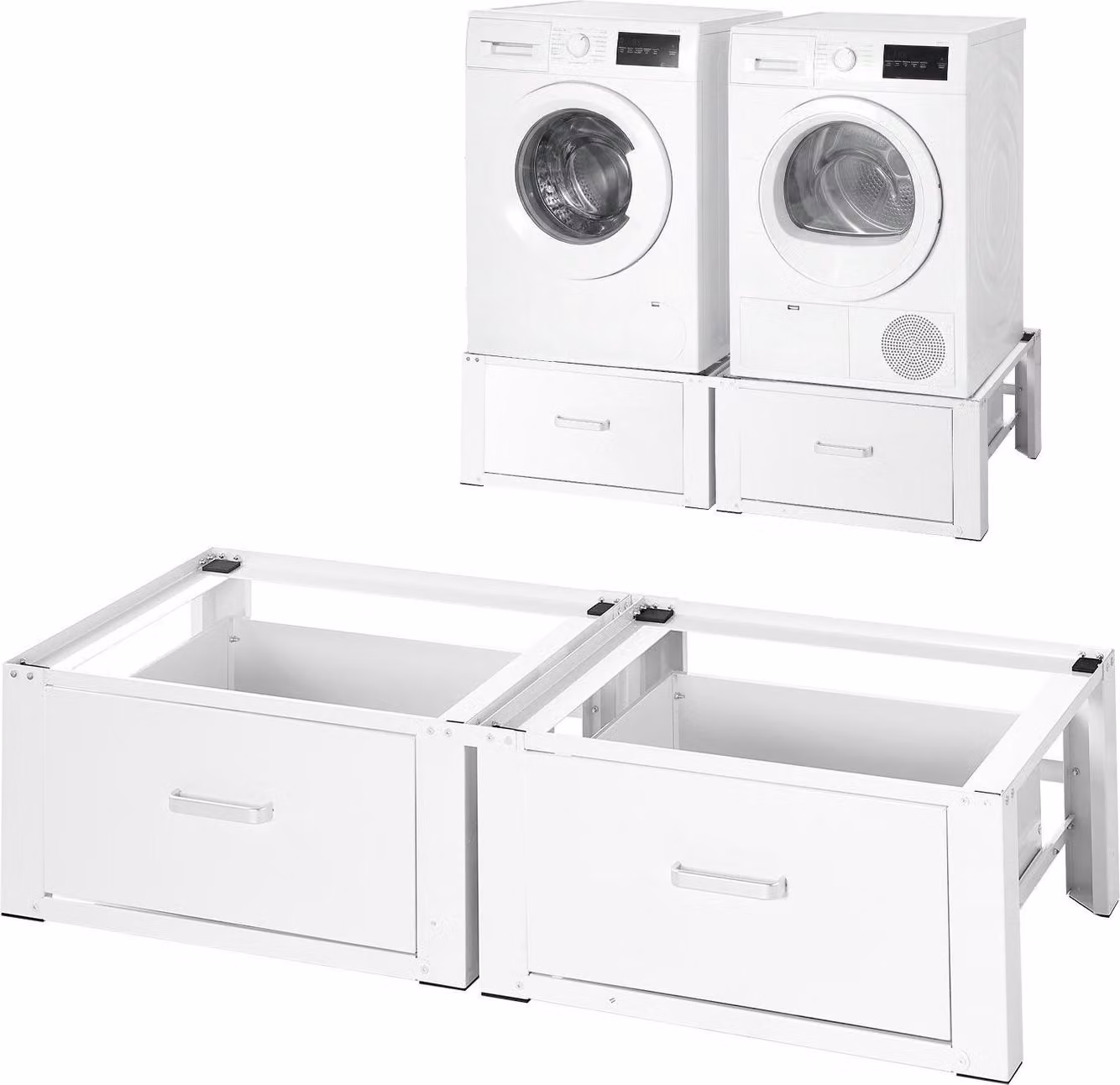 Supporto per lavatrice, altezza 290 mm, supporti per lavatrice e asciugatrice con cassetto, capacità di carico 150 kg, piedini antiscivolo, supporto universale in acciaio resistente per lavatrice, bianco, confezione da 2 pezzi