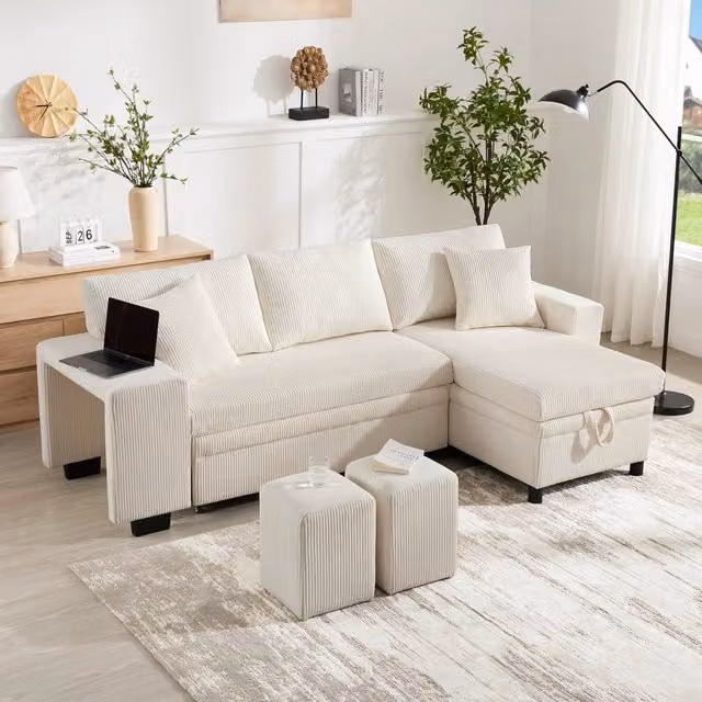 Divano letto angolare MIVRAY in velluto a coste beige con funzione letto, vano contenitore e ricarica USB, L/P/H: 231 x 131,5 x 84 cm