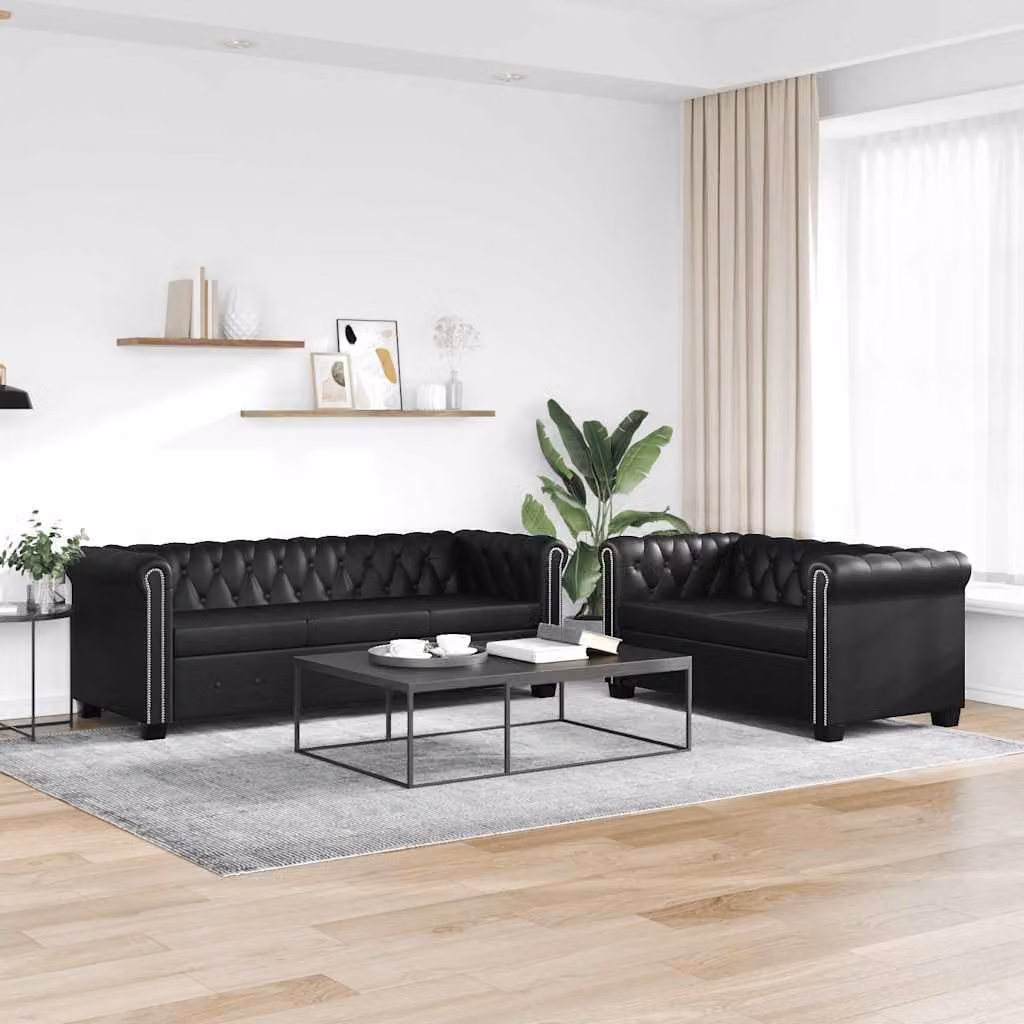 Set di divani Chesterfield vidaXL a 2 e 3 posti in similpelle nero con struttura in legno massiccio – 1