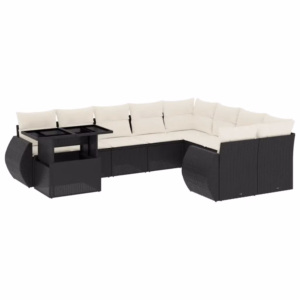 vidaXL Set Divani da Giardino a Forma di U in Polyrattan Nero con Cuscini e Tavolino da Esterno – 2