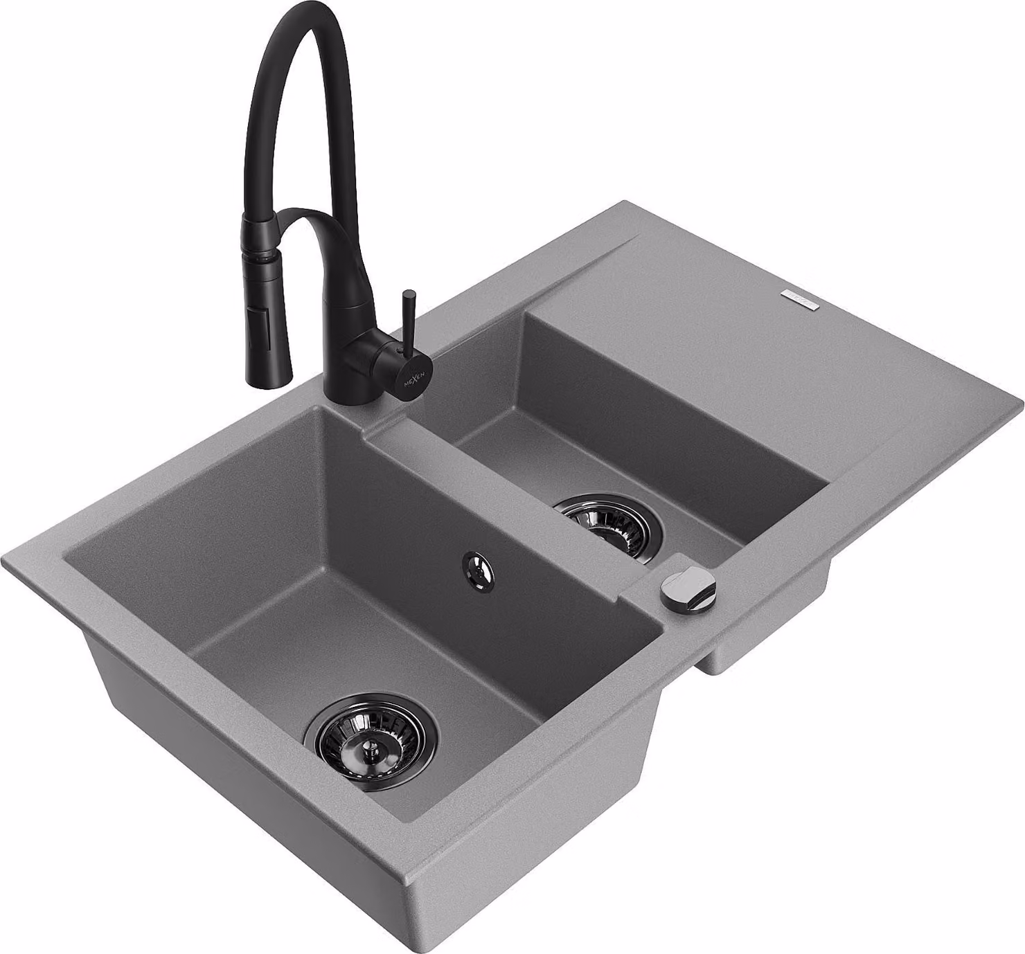 Mexen Gaspar lavello in granito da 1,5 vasche con sgocciolatoio e miscelatore da cucina Aster, grigio - 6507-71-73450-70-B