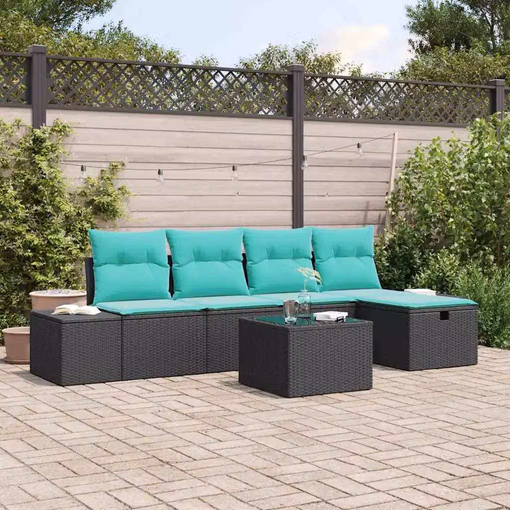 Set Divano da Giardino vidaXL 6 pz a Forma a L con Poltrona e Ottoman, Colore Nero e Turchese, Struttura in Metallo e Polyrattan con Cuscini Inclusi