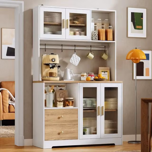 Mobile alto da cucina moderno bianco con ante in vetro, illuminazione integrata e ripiani interni, L: 110 cm, P: 40 cm, H: 178 cm