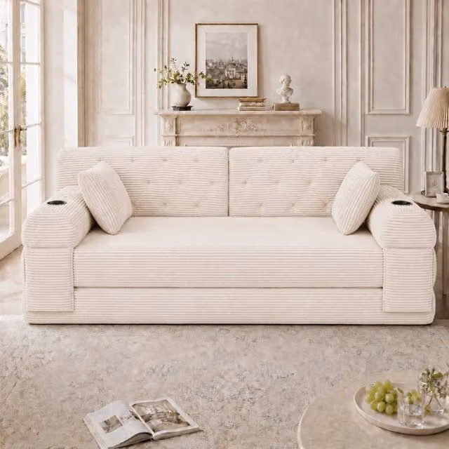 Divano letto 2 posti 168 cm in velluto a coste beige con schienale alto per piccoli spazi