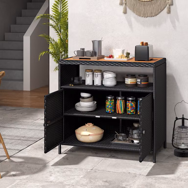 Costway Armadietto portaoggetti in rattan con piano in legno di acacia, Mobile buffet per esterni con armadio a 2 ante Nero