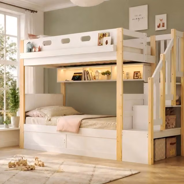 Letto a castello per bambini 90x200 cm con contenitore idraulico; pino e MDF bianco