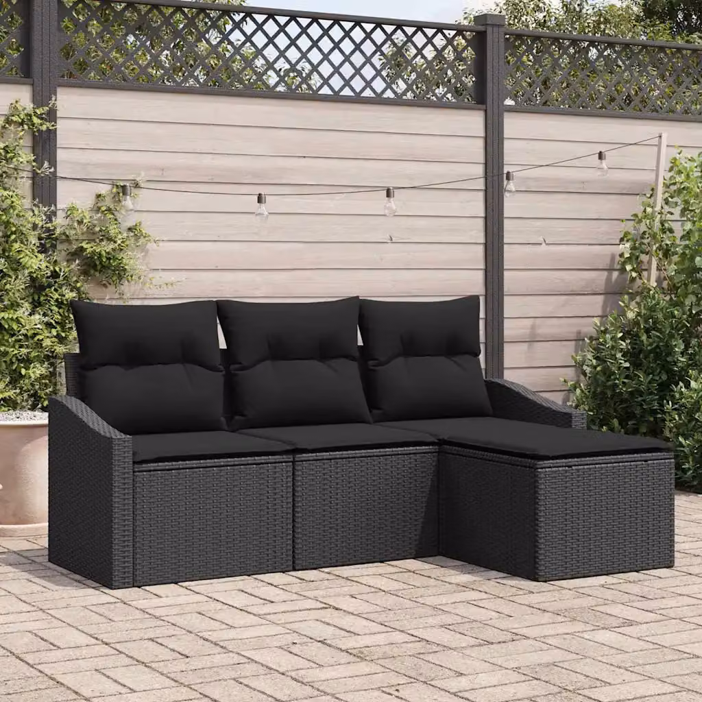 Set di divani da giardino vidaXL in polyrattan nero con cuscini e pouf per esterno – 1